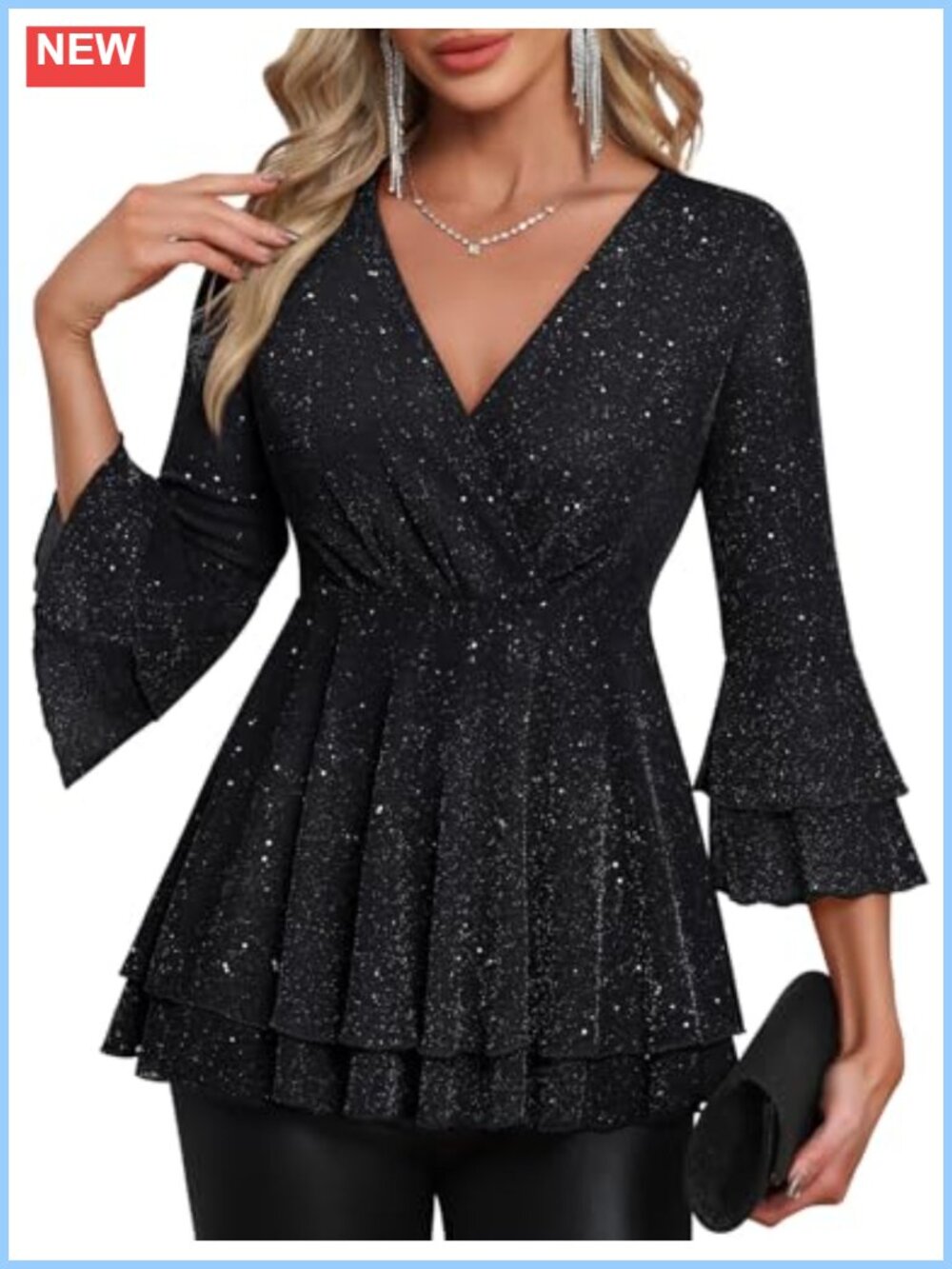 Sparkly V-Neck Peplum Blouse Ruffle Sleeve Dressy Evening Top